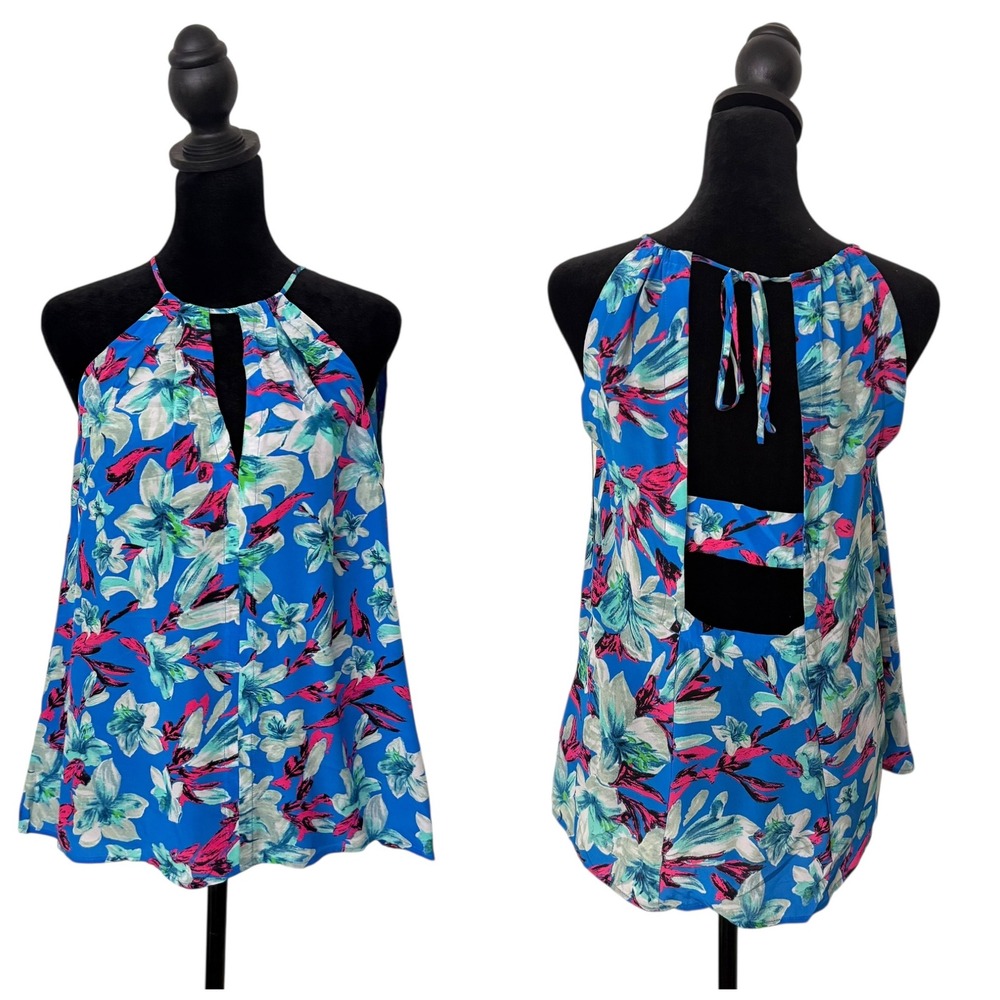 Nanette Lepore Silk Top Size S‎ Blue Tropical Cut Out Resortwear Flowy NEW